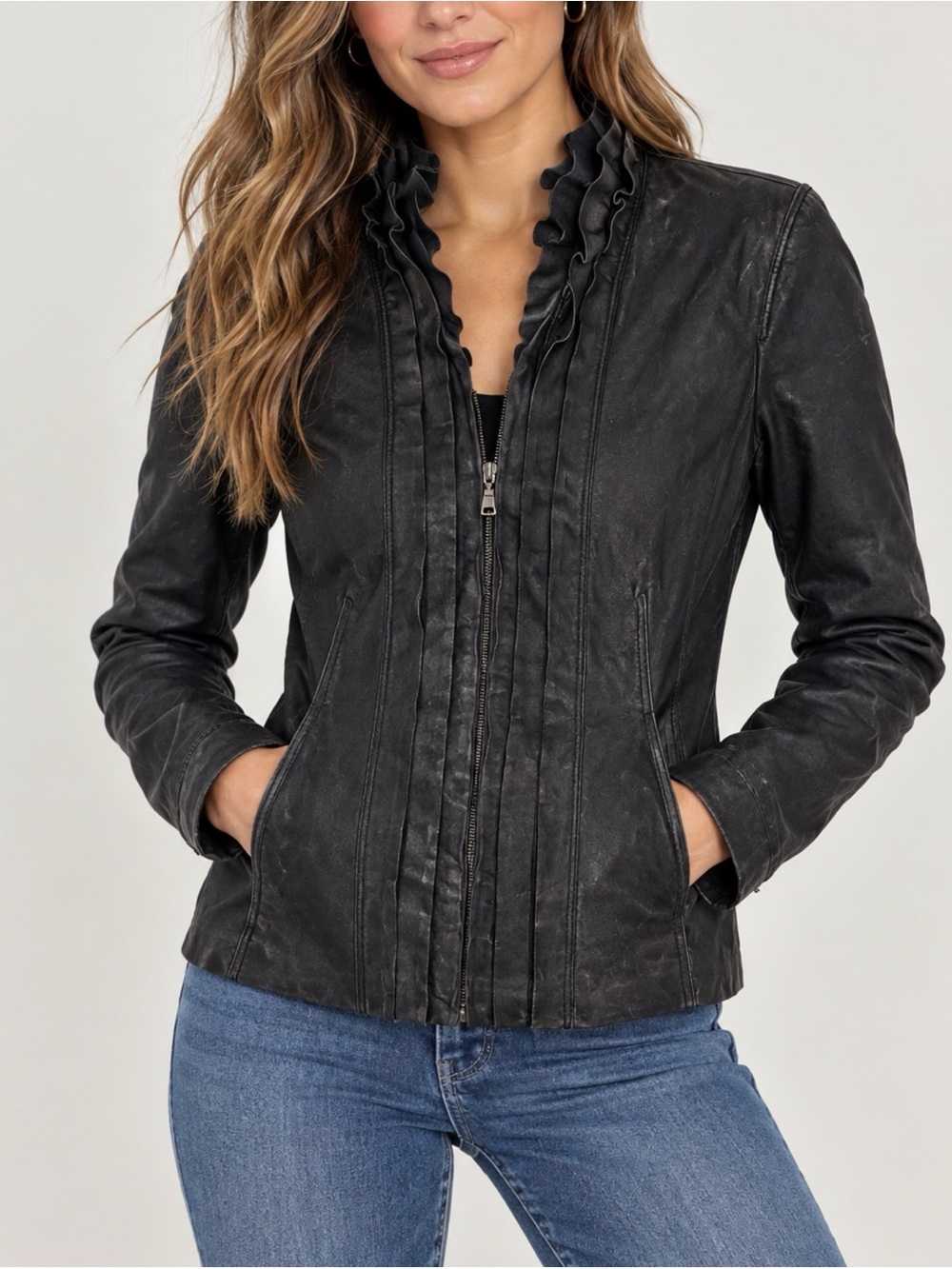 Tahari Black Ruffled Collar Leather Jacket